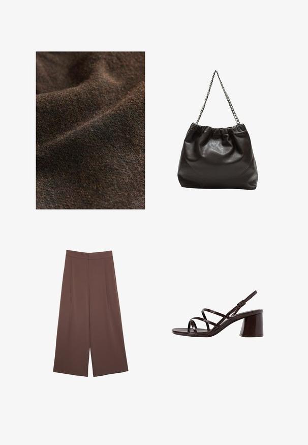 Tessuto di un marrone scuro con texture e leggere variazioni di colore, caratterizzato da un aspetto morbido e intrecciato e da una finitura opaca.; Maglietta a maniche corte marrone realizzata in tessuto morbido, con scollatura rotonda e vestibilità rilassata. Nessun motivo o dettaglio visibile.; Pantaloni ampi marroni con una texture liscia, caratterizzati da una vita alta e pieghe frontali. Il tessuto è leggero e scorre liberamente.; Sandalo con tacco alto e cinturini marrone, dotato di un tacco spesso, con una finitura liscia e lucida e numerosi cinturini incrociati sulla parte superiore.; Borsa in pelle marrone con parte superiore arricciata e tracolla a catena. Texture liscia con finitura lucida e dettagli di cucitura sottili sui lati.