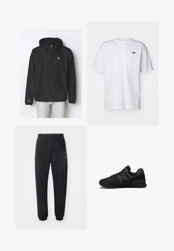 Black lightweight windbreaker with a hood, front zipper, elastic cuffs, and a logo on the chest; made of smooth, water-resistant fabric.; White short-sleeve crew neck T-shirt with small black New Balance logo on left chest against a plain background.; Black sweatpants made of soft material with an elastic waistband, drawstring, and tapered cuffs, featuring a subtle logo on the side.; Black sneaker featuring a suede and mesh upper, thick sole, and prominent 'N' logo on the side. Textured design with lace closure.