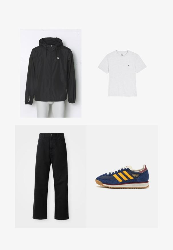 Black lightweight windbreaker with a hood, front zipper, elastic cuffs, and a logo on the chest; made of smooth, water-resistant fabric.; Gray short-sleeve t-shirt made of soft fabric, featuring a crew neckline and a small black logo on the left chest. Simple design and texture.; Black denim pants with a straight cut, featuring front pockets, a zip fly, and a single top button. Textured fabric with a matte finish.; Navy suede sneaker with yellow stripes, white laces, and burgundy accents. Textured sole with grooves for traction. Brand logo on side.