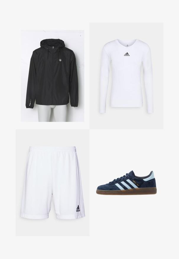 Schwarze leichte Windjacke mit Kapuze, Frontreißverschluss, elastischen Bündchen und einem Logo auf der Brust; aus glattem, wasserabweisendem Material gefertigt.; Langärmliges weißes Sportshirt aus glattem Material mit einem schwarzen Adidas-Logo auf der Brust; V-Ausschnitt-Design und figurbetonte Form.; Weiße Sportshorts mit elastischem Bündchen, aus einem glatten Stoff gefertigt. Mit einem schwarzen Adidas-Logo auf der unteren linken Seite.; Marineblaue Wildleder Adidas Sneaker mit hellblauen Streifen, Gummisohle, hellblauer Fersenkappe und goldener "Spezial"-Markierung an der Seite.