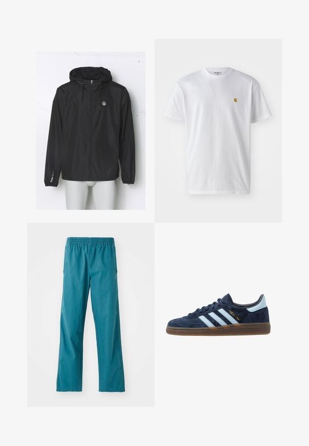 Jachetă ușoară de vânt, de culoare neagră, cu glugă, fermoar frontal, mansete elastice și logo pe piept; realizată dintr-un material neted, rezistent la apă.; Tricou alb din bumbac, cu mâneci scurte, gât echipat, având un mic logo auriu în zona stânga a pieptului. Textură moale și croială normală.; Pantaloni de culoare teal, dintr-un material ușor, cu talie elastică și croială dreaptă, având buzunare laterale.; Adidași din suede bleumarin cu dungi albastre deschise, talpă din gumă, tabul de călcâi bleu deschis și branding-uri aurii "Spezial" pe lateral.