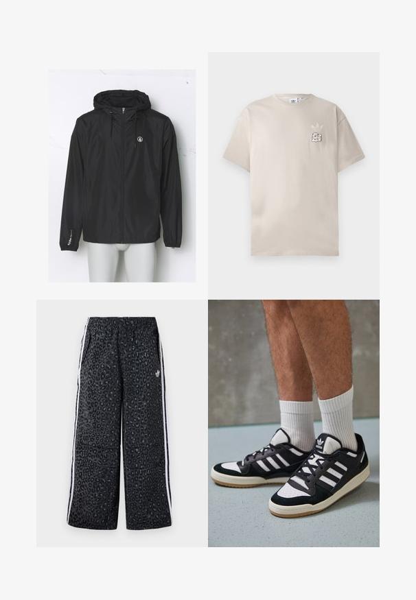 Μαύρη ελαφριά αδιάβροχη ζακέτα με κουκούλα, μπροστινό φερμουάρ, ελαστικές μανσέτες και λογότυπο στο στήθος; κατασκευασμένη από λείο, αδιάβροχο ύφασμα.; Μπεζ βαμβακερό t-shirt με στρογγυλή λαιμόκοψη, κοντά μανίκια και ένα διακριτικό λογότυπο στο αριστερό στήθος. Μαλακή υφή, απλός σχεδιασμός.; adidas Originals GRAPHIC UNISEX - Παντελόνι φόρμας - black; Μαύρα και λευκά αθλητικά παπούτσια με άνω μέρος από σουέτ και δέρμα, featuring τρεις λευκές ρίγες, περατά δάχτυλα και σόλα από καουτσούκ τύπου γκαστ.