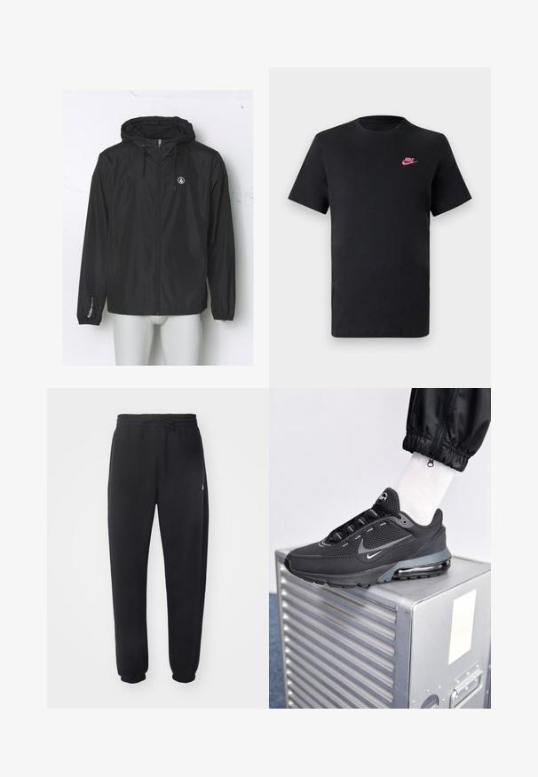 Black lightweight windbreaker with a hood, front zipper, elastic cuffs, and a logo on the chest; made of smooth, water-resistant fabric.; Black cotton t-shirt with a round neckline and short sleeves. Features a pink Nike logo on the upper left side. Smooth texture.; Black sweatpants made of soft material with an elastic waistband, drawstring, and tapered cuffs, featuring a subtle logo on the side.; Nike Sportswear PULSE - Trainers - black/anthracite