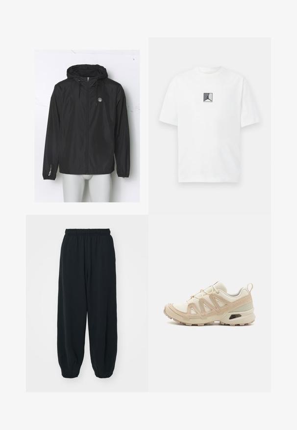 Giacca a vento leggera nera con cappuccio, zip frontale, polsini elasticizzati e logo sul petto; realizzata in tessuto liscio e resistente all'acqua.; T-shirt bianca in cotone con un grafiche logo centrale in nero e grigio. Collo rotondo classico e maniche corte con una vestibilità rilassata.; Pantaloni da jogging neri con vita elasticizzata, dalla vestibilità morbida, caviglie a costina, texture liscia e senza motivi visibili o dettagli in metallo.; Scarpa atletica beige e crema con tomaia in mesh testurizzato, sovrapposizioni supportive e suola in gomma con un motivo a tasselli per la trazione.