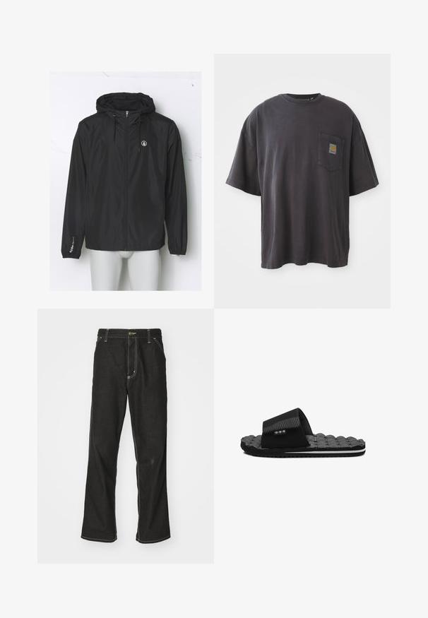 Schwarze leichte Windjacke mit Kapuze, Frontreißverschluss, elastischen Bündchen und einem Logo auf der Brust; aus glattem, wasserabweisendem Material gefertigt.; Schwarzes Baumwoll-T-Shirt mit kurzen Ärmeln, rundem Halsausschnitt und einer linken Brusttasche mit einem quadratischen Logo-Patch. Schlichtes und unauffälliges Design.; Schwarze Denim-Jeans mit lockerer Passform, kontrastierenden weißen Nähten, einem Knopfverschluss und geradem Bein.; Schwarze Rutsche mit strukturiertem Obermaterial und gepolsterter Sohle. Hergestellt aus synthetischen Materialien mit einem gemusterten Riemen und leichtem Design.