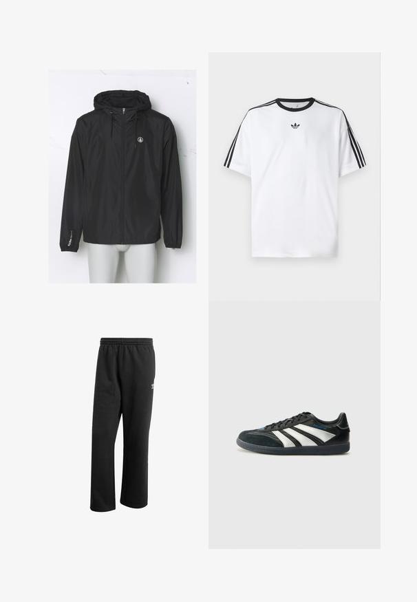 Mustat kevyet tuulitakit, joissa on huppu, etuvetoketju, joustavat hihansuut ja logo rinnassa; valmistettu sileästä, vettä hylkivästä kankaasta.; Valkoinen t-paita, joka on valmistettu puuvillasta, mustalla pyöreällä kaula-aukolla ja kolmella mustalla raidalla jokaisella olkapäällä. Pieni musta logo rinnassa.; Mustat verkkarit, joissa on joustava vyötärö, suorat lahkeet ja pieni valkoinen logo alaosassa. Valmistettu pehmeästä, teksturoidusta kankaasta.; adidas Performance PREDATOR FREESTYLE JUDE INDOOR FOOTBALL SHOES - Sisäjalkapallokengät - core black/silver-coloured/glory blue