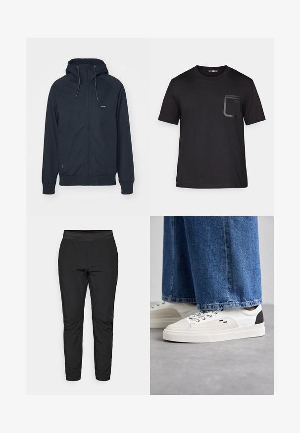 Chaqueta negra con cremallera y capucha, con puños y cintura elásticos, hecha de un tejido suave y con un pequeño logo en el lado izquierdo del pecho.; Camiseta negra de manga corta hecha de algodón con una textura sutil. Presenta un bolsillo delantero con un diseño rectangular y un detalle del logo.; Pantalones de stretch negros con un diseño ajustado, cinturilla elástica y bolsillos con cremallera. Textura suave con un acabado ligeramente brillante.; Zapatillas blancas y negras con una parte superior de cuero suave, acentos texturizados y una suela blanca gruesa. Presenta un diseño clásico de cordones.