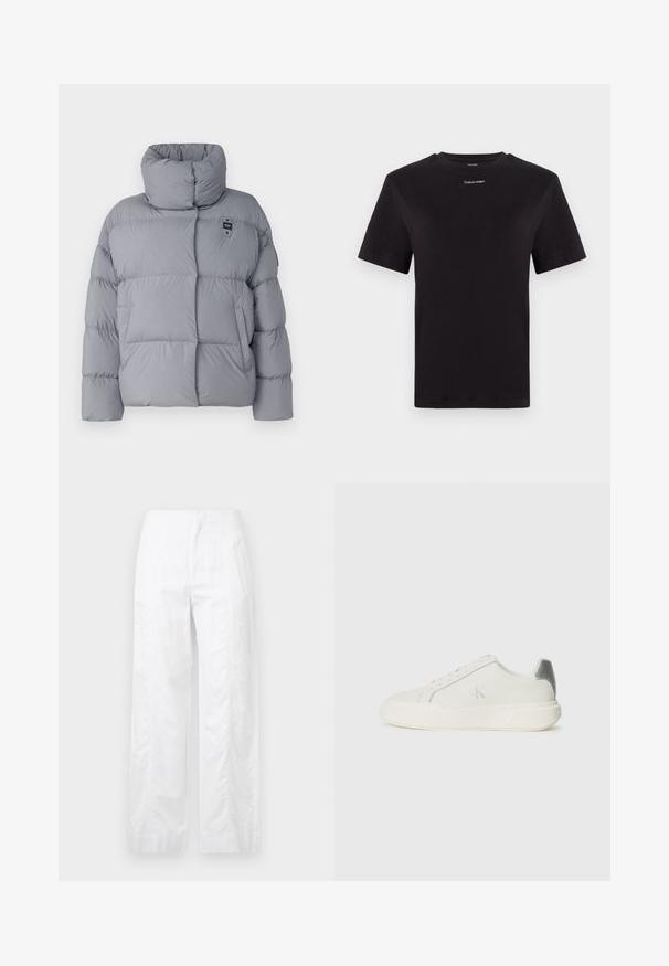 Jachetă puffer gri cu guler înalt, model matlasat, buzunar frontal și etichetă de marcă în colțul din stânga sus. Textură netedă.; Tricou negru din bumbac, cu mâneci scurte, gât rotund și un mic logo alb "Calvin Klein" pe piept. Textură netedă, croială clasică.; Pantaloni albi cu croială largă, fabricați dintr-un material ușor, având o textură netedă, linii curate și un design cu talie înaltă.; Sneaker alb din piele cu o textură netedă, având un accent argintiu pe călcâi, talpă plată și un design minimalist.