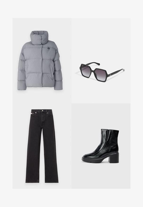 Gray puffer jacket with a high collar, quilted pattern, front pocket, and branded tag on the upper left side. Smooth texture.; Black cotton t-shirt with a round neck, short sleeves, and blue embroidered "Calvin Klein JEANS" logo on the front.; Black wide-leg jeans made of denim, featuring a high-rise waist, five-pocket styling, and a metal button closure with contrasting stitching.; Black patent leather ankle boots with a curved toe, elastic side panels, and a chunky block heel. Features embossed logo on the back.; Black hexagonal sunglasses with gradient lenses, featuring a glossy finish and subtle branding on the temple. Durable plastic construction.