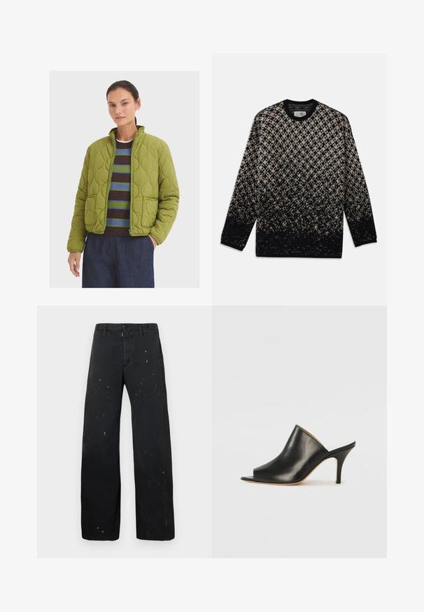 Quiltet grøn jakke med høj krave, to forlommer og lynlås. Båret over en stribet sweater og mørke bukser.; Striktrøje med et diamantmønster i beige og sort, med en gradvis farveovergang. Rund hals og lange ærmer. Blød tekstur.; MM6 Maison Margiela PANTS - Jeans Relaxed Fit - black; Sort læder åben tå mule med et slankt, buet design, høj stiletto hæl og glat tekstur. Indersiden har en kontrasterende lys farve.