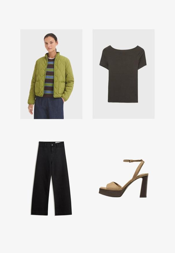 Prošívaná zelená bunda s stojáčkem, dvěma předními kapsami a zipem. Nositá přes pruhovaný svetr a tmavé kalhoty.; Tmavě šedý top s krátkým rukávem a lodičkovým výstřihem. Vyrobený z ribovaného materiálu, s volnějším střihem a čistým lemem. Jednoduchý design, bez vzorů.; Černé denimové kalhoty s volným střihem a vysokým pasem, vybavené předními a zadními kapsami, prošívanými švy a knoflíkovým zapínáním. Hladká textura.; Bežové semišové sandály na vysokém podpatku s širokým předním páskem a páskem kolem kotníku, s masivním dřevěným blokovým podpatkem s texturovaným povrchem.