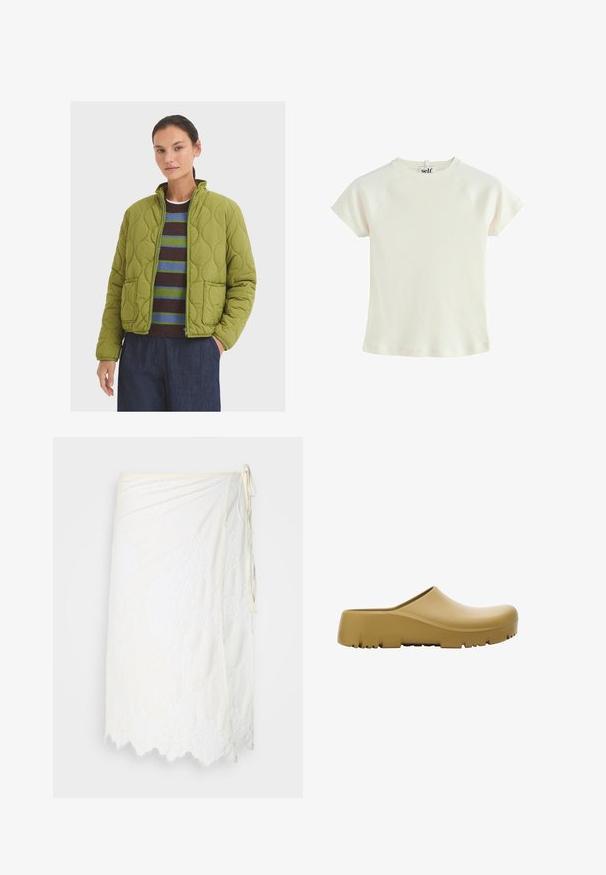 Pikowana zielona kurtka z kołnierzem stójkowym, dwoma przednimi kieszeniami i zamkiem błyskawicznym. Nosi ją osoba na paskowanym swetrze i ciemnych spodniach.; Biała, prążkowana koszulka z krótkim rękawem, z okrągłym dekoltem i rękawami raglanowymi. Teksturowana tkanina o regularnym kroju. Metka z logo na tylnej części dekoltu.; Biała spódnica typu wrap z haftem w kwiaty, falbaniastym wykończeniem i z boku wiązaniem, prezentowana na jednolitym tle.; Żółty gumowy klapek o gładkiej powierzchni, otwartym tyle i grubej, teksturowanej podeszwie z poziomymi rowkami. Zaprojektowany z myślą o komforcie i trwałości.