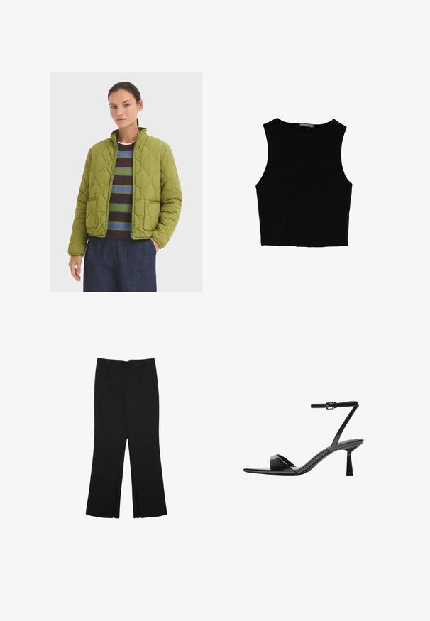 Quiltet grøn jakke med høj krave, to forlommer og lynlås. Båret over en stribet sweater og mørke bukser.; Sort ærmeløs crop top lavet af glat stof, med rund hals og et rent, enkelt design uden mønstre eller hardware.; Sorte bukser med lige pasform, der har frontlommer og slidser i kanten. Lavet af blødt, glat stof. Velegnet til forskellige anledninger.; Bershka Højhælede sandaletter / Højhælede sandaler - black