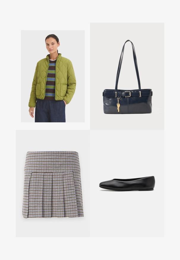 Gequilted groene jacket met een opstaand kraag, twee voorkzakken en een rits. Draag het over een gestreept sweater en donkere broek.; Langsleeve, lichtbeige top met een ronde halslijn. Gemaakt van zachte stof, heeft een centrale naad en een iets gebogen rand. Geen zichtbare hardware.; Folding rok in een bruin, beige en blauw ruitpatroon. Gemaakt van een textuurstof met een aansluitende tailleband en decoratieve plooien.; Paul Smith TOPANGA - Ballerina's - black; Marine leren handtas met twee lange hengsels, een gespdetail en een sleutelhanger eraan bevestigd. Heeft een gladde textuur en een rechthoekige vorm.