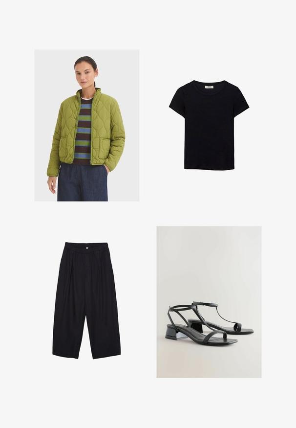 Pikowana zielona kurtka z kołnierzem stójkowym, dwoma przednimi kieszeniami i zamkiem błyskawicznym. Nosi ją osoba na paskowanym swetrze i ciemnych spodniach.; Czarna koszulka z krótkim rękawem, wykonana z miękkiego materiału. Posiada klasyczny okrągły dekolt i luźny krój. Brak widocznych wzorów lub akcentów.; Czarne spodnie culotte z poliestru z elastycznym pasem, dwoma fałdami z przodu i luźnym krojem. Brak widocznych wzorów lub elementów metalowych.; Czarne sandały na obcasie z eleganckim lakierowanym wykończeniem, smukłymi paskami, wzorem T oraz niskim słupkowym obcasem dla stabilności.
