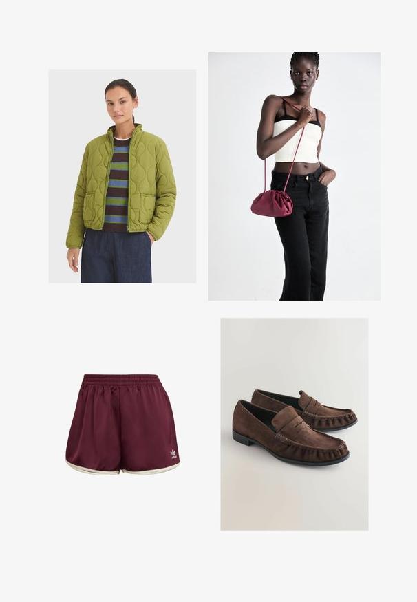 Quiltet grøn jakke med høj krave, to forlommer og lynlås. Båret over en stribet sweater og mørke bukser.; Next REGULAR FIT - TEXTURE - Top - ecru; adidas Originals SPRINTER - Shorts - maroon cream white; Brune ruskinds loafers med en blød tekstur, mokkasin-agtig syning og en afrundet tå. Sort gummisål og en foldet læderkant detalje.; Bordeaux blødt stof håndtaske med en sammenpresset design og en lang rem, båret som crossbody. Modellen bærer en hvid cropped top og sorte jeans.