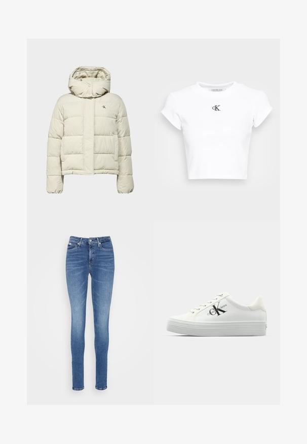 Casaco puffer Calvin Klein em branco sujo. Apresenta um design acolchoado, capuz ajustável, fecho de botão na frente e detalhe do logótipo no lado esquerdo do peito.; T-shirt branco cortado, feito de tecido canelado. Apresenta um decote redondo e mangas curtas. Logotipo "cK" preto bordado no peito.; Jeans skinny em denim azul médio, com uma cintura alta, textura suave, dois bolsos frontais e um bolso traseiro.; Tênis plataforma brancos com parte superior sintética lisa, atacadores tonais e um logotipo preto. A sola de borracha elevada possui sulcos horizontais para tração.