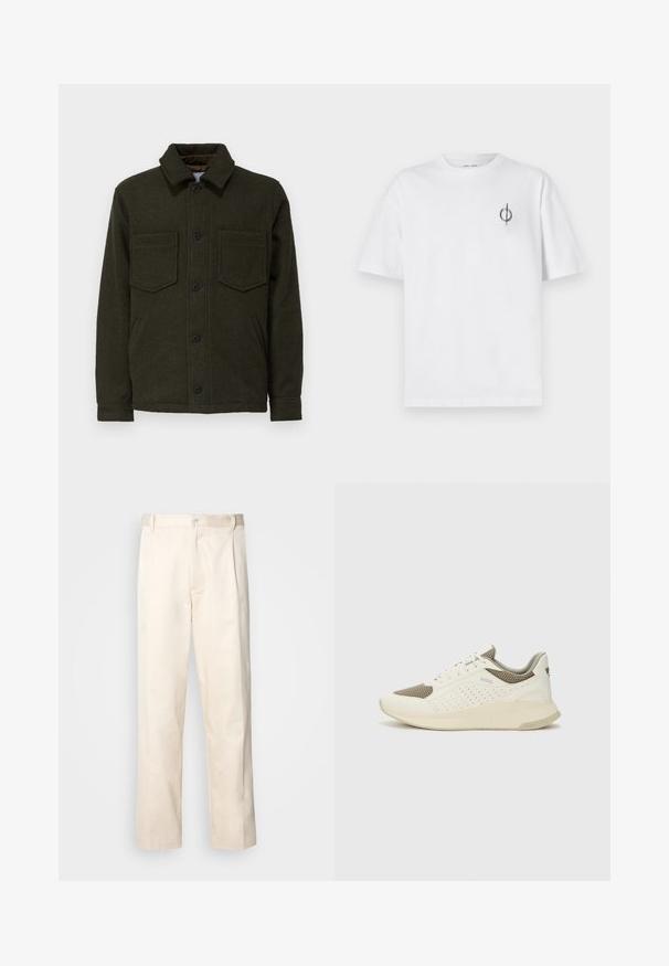 Mörkgrön yllejacka med krage, knappstängning, två bröstfickor och sidofickor. Texturerad finish med avslappnad passform.; Vit bomullströja med avslappnad passform, med en liten svart grafisk logotyp på vänster bröstområde. Korta ärmar, rundad hals.; Beiga bomullbyxor med rak benform, utrustade med knappstängning och veck framtill för extra detalj.; Vit och ljusbeige atletisk sneaker med ett meshöverdrag, perforerade detaljer och en texturerad mellansula med varumärke på hälen.