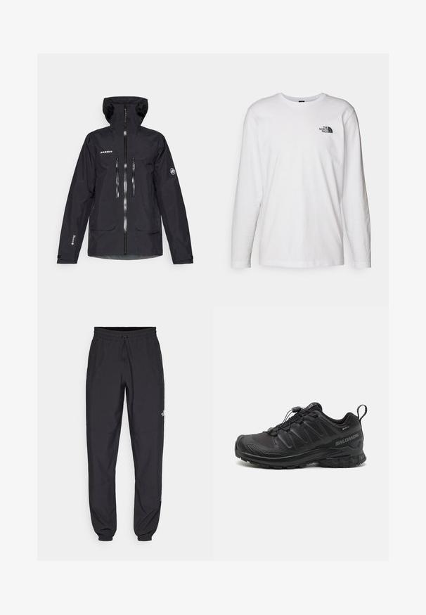 Schwarze wasserdichte Jacke mit Kapuze, mehreren Reißverschlusstaschen, reflektierenden Details und verstellbaren Manschetten. Glatte Textur und ergonomisches Design.; Weißes langärmliges T-Shirt aus Baumwolle mit Rundhalsausschnitt. Verfügt über ein kleines schwarzes Logo auf der Brust. Glatte Textur, reguläre Passform.; Schwarze Sporthosen aus leichtem Stoff, mit einem Kordelzugbund, seitlichen Taschen und schmal zulaufenden Bündchen an den Knöcheln.; Schwarzer Sportschuh mit einer strukturierten, synthetischen Oberseite, gepolsterten Sohle und einem schnellen Schnürsystem. Verfügt über eine verstärkte Zehen- und Fersenkappe.