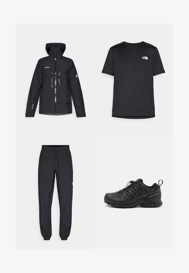 Črna nepremočljiva jakna s kapuco, več žepi z zadrgo, odsevni detajli in nastavljivi manšeti. Gladka tekstura in ergonomska zasnova.; Črna kratkosleevena majica iz lahkotnega materiala. Ima majhen bel logo na levem prsnem delu in diskretne poudarke na ramenskem predelu.; Črne atletske hlače iz lahkega materiala, ki imajo elastični pas z vezalko, stranske žepe in zožene manšete na gležnjih.; Črne športne čevlje z teksturiranim sintetičnim zgornjim delom, oblazinjenim podplatom in sistemom hitrega vezanja. Imajo ojačano konico in peto.