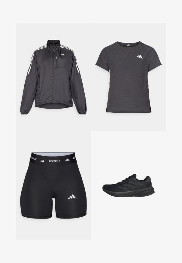 Veste de course légère noire avec un col montant, fermeture éclair à l'avant, poignets élastiques et bandes d'accentuation blanches le long des épaules.; T-shirt de sport à manches courtes, gris foncé avec une texture perforée. Présente un logo blanc et des rayures latérales contrastantes. Encolure arrondie.; Shorts noirs en tissu extensible avec un design ajusté. Dotés d'une large ceinture noire portant l'étiquette "TECHFIT" et d'un logo blanc sur la jambe.; Baskets de sport noires avec un dessus en maille, une forme épurée, une semelle plate et trois bandes diagonales sur le côté. Design léger pour le confort.