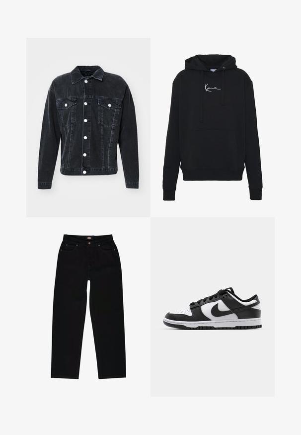 Only & Sons ONSJUST szary; Czarna bluza z kapturem wykonana z miękkiego materiału, z przednią kieszenią, sznurkami do regulacji oraz białym haftem logo na klatce piersiowej. Klasyczny krój i ściągacze na rękawach.; Czarne dżinsy o prostym kroju, z pięcioma kieszeniami, brązowymi przeszyciami i zapięciem na zamek błyskawiczny. Gładka tekstura i wytrzymały materiał.; Czarno-białe sneakersy Nike Dunk z skórzaną cholewką, perforowanym czubkiem, czarnymi sznurówkami oraz czarną gumową podeszwą z bieżnikiem.