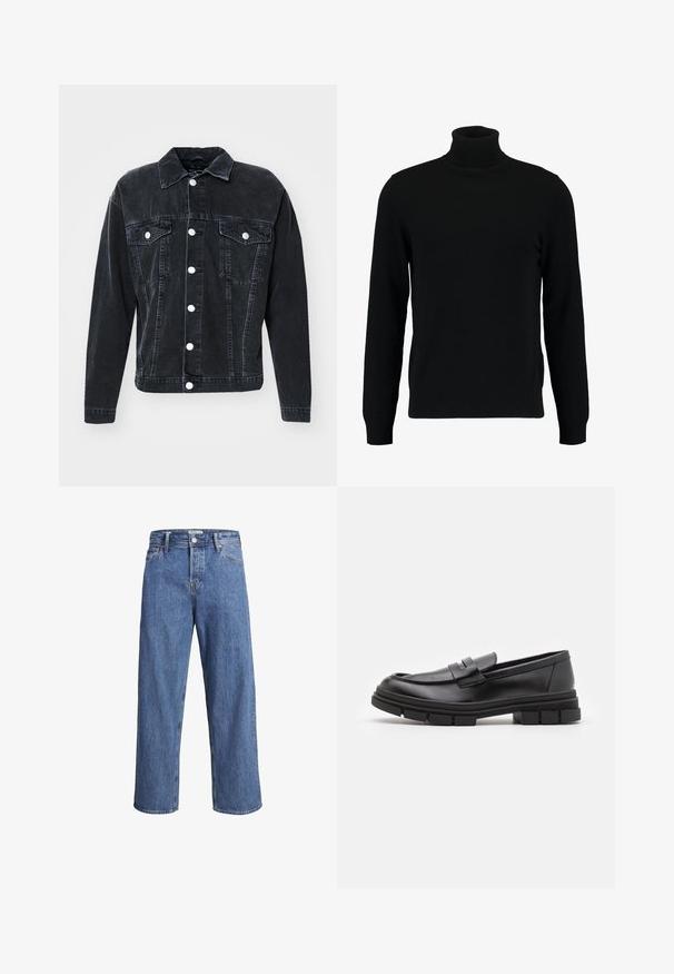 Only & Sons ONSJUST BOX JACKET - Denimová bunda - medium grey denim; Čierny rolák vyrobený z mäkkého pleteného materiálu. Má dlhé rukávy, rebrovaný golier a lem. Jednoduchý, elegantný dizajn bez vzorov.; Svetlomodré denimové džínsy so strihom rovného nohavice, vysokým pásom a minimálnymi detalmi šitia. Tkanina má mäkkú, mierne vyblednutú textúru.; Čierne kožené poltopánky s hladkým povrchom, s predným remienkom a robustnou gumovou podrážkou s drážkovanými akcentmi.