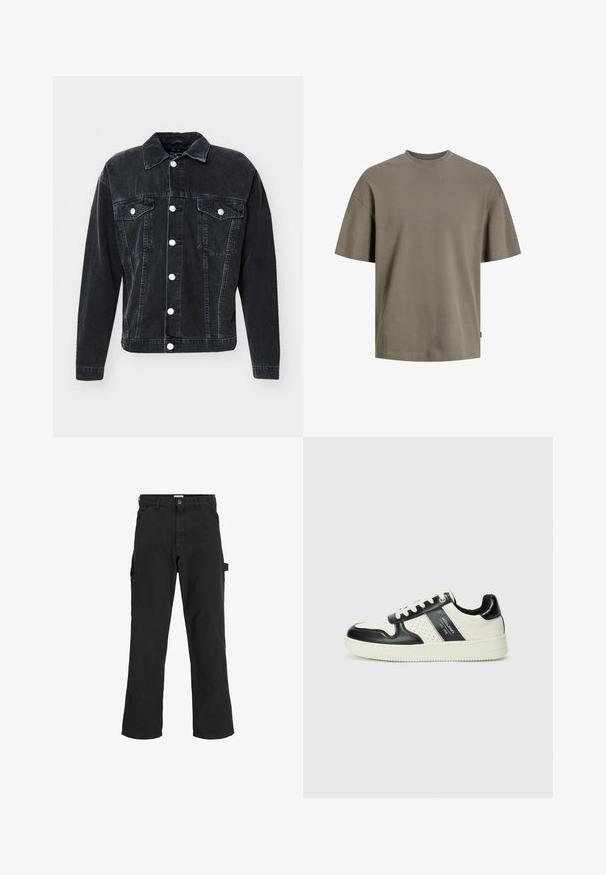 Only & Sons ONSJUST BOX JACKET - Teksajakk - medium grey denim; Puuvillane T-särk kahvatud oliivrohelises värvitoonis; omab ümmargust kaelust, lühikesi varrukasid ja vaba lõiget koos minimaalsete õmbluse detailidega.; Mustad seljandavad püksid puuvilla ja sünteetilise segu kangast. Omavad laiu jalgu, ees kaldus taskuid ning külgtaskut, millel on tarvikute jaoks silmus.; Nahatud nahkkingad musta ja kreemi värviskeemiga, millel on perforeeritud aktsendid, pehme krae ja tekstureeritud tallad.