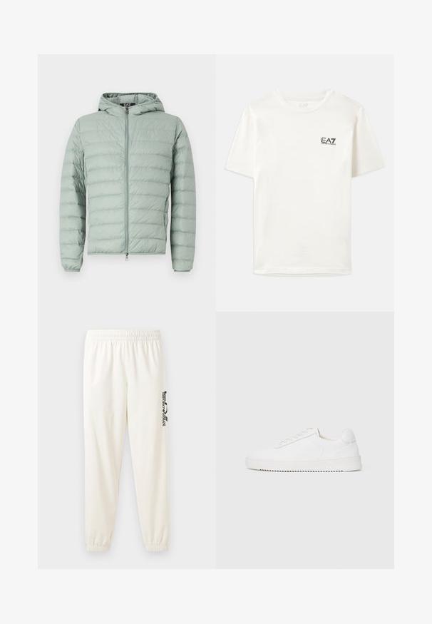 Mėtų žalios spalvos pūkinė striukė su horizontaliu pat quilting modeliu, užtrauktuko priekyje, kapoto ir megztomis rankovėmis. Lengva, su glotnia apdaila.; Balta medvilninė marškinėlė su trumpomis rankovėmis, apvaliu kaklu ir mažu juodu EA7 logotipu kairėje krūtinės pusėje. Lygi tekstūra, standartinio kirpimo.; Šviesiai smėlinės spalvos sportinės kelnės su elastine juosta ir elastiniais rankogaliais. Kairėje kojoje yra juodai spausdintas logotipas. Minkšta audinio tekstūra.; Balti sportbačiai su lygiu odiniu viršumi, apvaliu nosiu, raišteliais, tekstūruotomis šoninėmis detalėmis ir storu guminio pado. Minimalistinis dizainas.