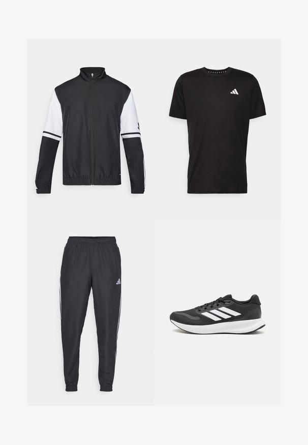 Chaqueta en blanco y negro con cuello alto, cremallera frontal completa, puños elásticos y acentos a rayas en las mangas. Fabricada con tejido liso y ligero.; Camiseta de algodón negra con mangas cortas, cuello redondo y un logo blanco en el lado izquierdo del pecho. Textura suave y diseño sencillo.; Pantalones deportivos negros con cinturilla elástica, que presentan franjas blancas a lo largo de los lados y un pequeño logo en la cadera. Textura suave.; Zapatilla deportiva negra con parte superior de malla transpirable, acentos en blanco y una suela acolchada. Presenta el logo de tres rayas en el costado.