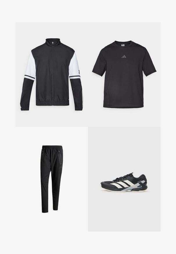 Svart og hvit jakke med høy krage, hel glidelås, elastiske mansjetter og stripete detaljer på ermene. Laget av glatt, lett materiale.; Svart atletisk t-skjorte laget av pustende materiale, med korte ermer, rund hals og et reflekterende logo på brystet.; Svarte treningsbukser med elastisk liv, to glidelåslommer på sidene, avsmalnende ben og en subtil logo detalj ved hoften.; Svart treningssko med hvite striper, mesh-overdel, avrundet tå og polstret såle. Har en teksturert hæl og et sikkert snøresystem.