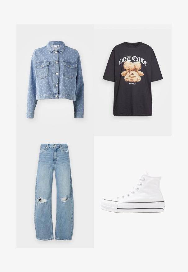 Gaiši zila džinsu jaka ar īsu piegriezumu, pogu aizdari, divām krūšu kabatām un smalku ziedu rakstu struktūru. Standarta apkakles dizains.; Melna, pārmērīga t-kreklu, kurā attēlots lācis ar uzrakstu "NAV MIERĪGS, BET VILKIS" treknos baltos burtiem. Izgatavots no kokvilnas materiāla.; Gaiši zili, augstās vidukļa džinsi, kas izgatavoti no denima. Iespējas plašas kājas, divas plēstas ceļa daļas un klasiskā piecu kabatu dizains.; Balti augstie kanvas sporta apavi ar melnu gumijas zoli, priekšējo gumijas purngalu un sešām acīm lencēm, kuriem ir tīrs, minimālistisks dizains.