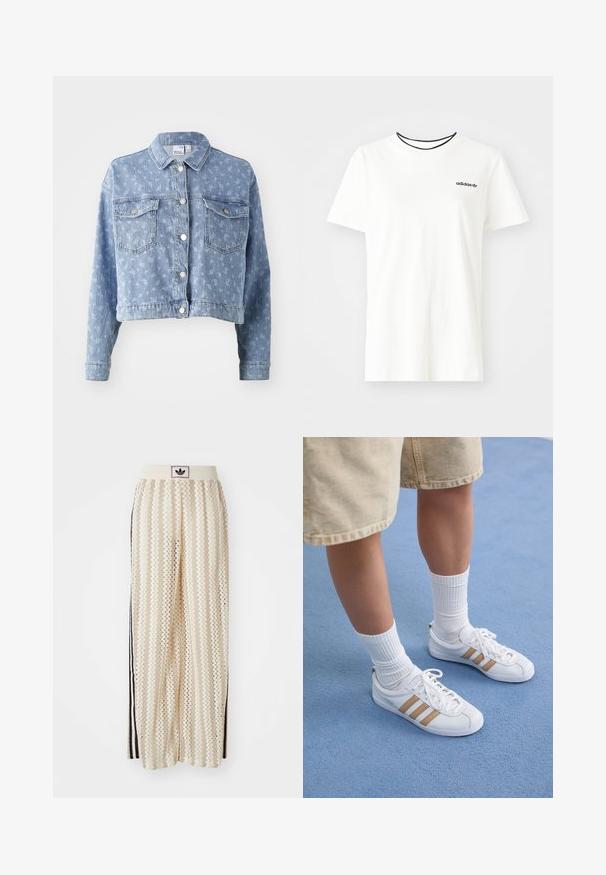 Svijetloplavi traper jakna s krojenim fitom, kopčanjem na gumbi, dva džepa na prsima i suptilnim cvjetnim uzorkom. Standardni dizajn ovratnika.; Bela bomba majica iz bombaža s kratkimi rokavi in okroglim izrezom. Ima črni Adidas logotip na prsih ter kontrastni črni notranji ovratnik.; Hlače širokega kroja kremne barve z zigzag vzorcem, opremljene z črnim logotipom na pasu in stranskimi črnimi črtami. Lahka, teksturirana tkanina.; Bele teniske s tremi zlatimi črtami, zavezane, z gumijastim podplatom, nosene z rebrastimi belimi nogavicami in bež kratkimi hlačami na modri površini.