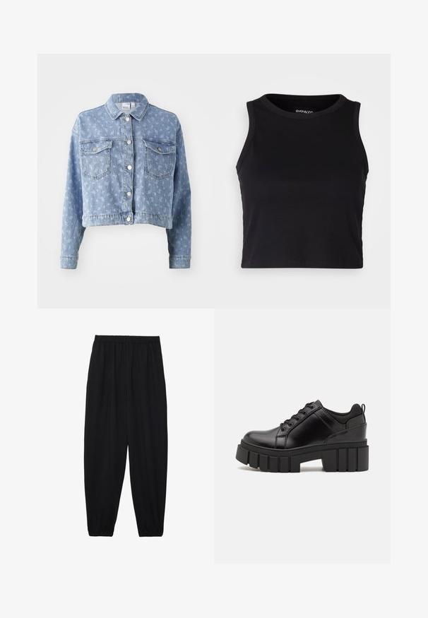 Svijetloplava traper jakna s krojenjem do struka, kopčanje na gumbe, dva džepa na prsima i suptilnom cvjetnom uzorku. Standardni dizajn ovratnika.; Crna rebrasta kratka majica bez rukava s okruglim izrezom. Izrađena od mekog, rastezljivog materijala, s urednim rubovima.; Crne, lagane hlače s elastičnom stražnjom pasicom i naboranim gležnjevima. Tkanina je glatka i ima opušteni, suženi dizajn.; Crne kožne platforme s debelim blok-peta, okruglim prstima i klasičnim dizajnom vezanja. Imaju gladak tekstur i minimalne detalje.