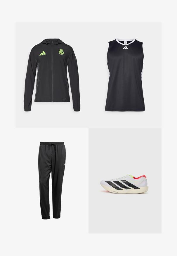 adidas Performance REAL MADRID TIRO25 PRO VIS TECH TRAVEL JACKET - Klub merchandise - black/lucid lemon; Sort ærmeløs atletisk tanktop med V-udskæring, hvide detaljer på siderne og et hvidt Adidas-logo på brystet. Glat, fugttransporterende stof.; Sorte træningsbukser med elastisk talje, snøre, opkrøllede ankler og et lille hvidt logo på højre lår.; Hvid løbesko med sorte striber, neon grønne detaljer og en rød hæl. Har et let design og en struktureret sål for bedre greb.