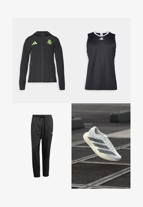 adidas Performance REAL MADRID TIRO25 PRO VIS TECH TRAVEL JACKET - Klubbkläder - black/lucid lemon; Svart ärmlös atletisk linne med V-hals, vita detaljer på sidorna och en vit Adidas-logotyp på bröstet. Slät, fukttransporterande tyg.; Svarta träningbyxor med elastisk midja, dragsko, muddar vid anklarna och en liten vit logotyp på höger lår.; Vitt sportskor med texturerat mesh-överdel, med grå ränder och en dämpad sula. Lätt design som passar för löpning.