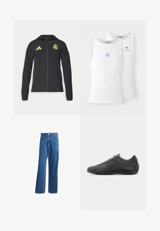 adidas Performance REAL MADRID TIRO25 PRO VIS TECH TRAVEL JACKET - Squadra - black/lucid lemon; Due canotte bianche, texture a costine, con loghi ricamati blu e verdi. Una presenta un design con il sole, l'altra con una palma.; Jeans di denim a vita alta e gamba larga blu, con tasche frontali, passanti per cintura, chiusura a bottone e piccolo logo Adidas sulla coscia destra.; adidas Originals ADIRACER UNISEX - Sneakers basse - core black/cream white