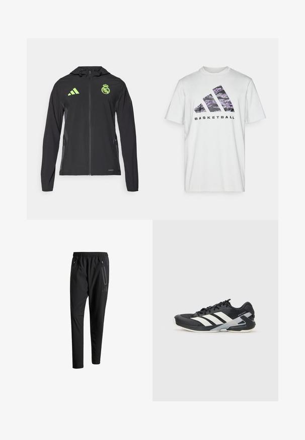 adidas Performance REAL MADRID TIRO25 PRO VIS TECH TRAVEL JACKET - Klubska moštva - black/lucid lemon; Bela bomba majica s kratkimi rokavi, ki prikazuje vijolični in črni grafični tisk treh črt ter besedo "KOŠARKA".; Črne športne hlače z elastičnim pasom, dvema žepoma na zadrgo ob strani, zoženimi hlačnicami in diskretnim logotipom na boku.; Črne atletske čevlje z belimi črtami, mrežastim zgornjim delom, zaobljenim nosom in blaženim podplatom. Imajo teksturiran petni del in varen sistem vezalk.