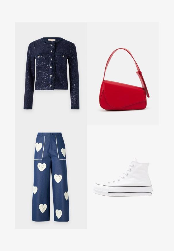 Marineblauer Cardigan mit funkelnden Pailletten, Rundhalsausschnitt und zwei Brusttaschen. Mit Knopfverschluss und metallischen Akzenten sowie strukturiertem Material.; Blumenbluse mit langen Puffärmeln, hellcremefarbenem Grund, mit lila, orangefarbenen und grünen Blumenmustern sowie klassischem Kragen.; Sister Jane HEART TO HEART - Jeans Straight Leg - blue denim; Weiße hochwertige Leinensneaker mit schwarzer Gummisohle, vorderem Gummizehenschutz und sechs Ösen für Schnürsenkel, die ein sauberes, minimalistisches Design aufweisen.; Rote Lederhandtasche mit einem kantigen, geometrischen Design. Verfügt über einen verstellbaren Schulterriemen und einen Klappenverschluss mit genähten Details.