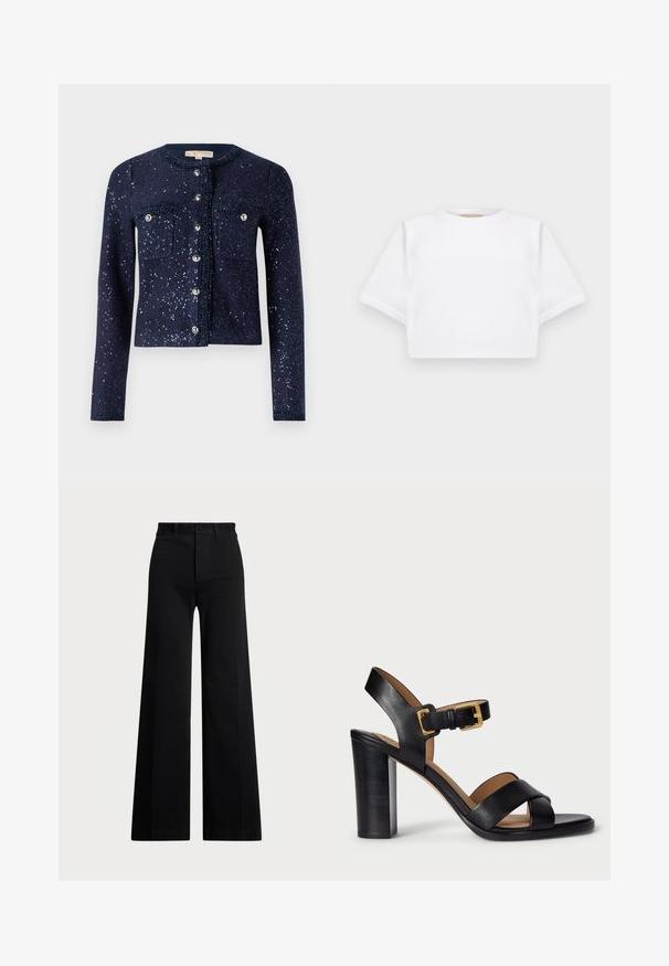 Mornarski kardigan sa sjajnim šljokicama, okruglim izrezom i dva džepa na grudima. Sadrži kopčanje na dugmad sa metalnim akcents i teksturiranu tkaninu.; Skraćena bijela majica od mekog materijala, s kratkim rukavima, okruglim izrezom i rebrastim detaljima na rubu. Jednostavan i neukrašen dizajn.; Crne hlače širokih nogavica izrađene od tkanine, s visokim strukom, prednjim kopčanjem na dugme i bočnim džepovima. Glatka tekstura s čistim linijama.; Crne kožne sandale s potpeticom s dizajnom s križanjem trakama i kopčanjem. Imaju debelu potpeticu i glatku teksturu.