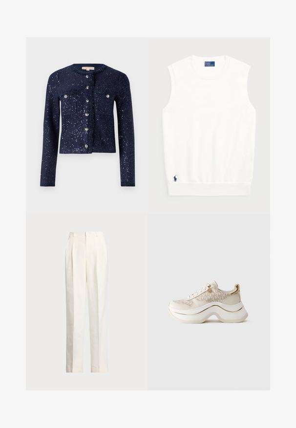 Ναυτικό κασκόλ με λαμπερά στρας, στρογγυλή λαιμόκοψη και δύο τσέπες στο στήθος. Διαθέτει κούμπωμα με κουμπιά σε μεταλλική απόχρωση και υφή υλικού.; Λευκό αμάνικο πουλόβερ από απαλό βαμβάκι, με ριμπ τελείωμα και μικρό ναυτικό λογότυπο στο κάτω αριστερό μέρος. Απλός σχεδιασμός, χωρίς μοτίβα.; Polo Ralph Lauren HEMP WIDE LEG PANT - Παντελόνι - nevis; Πλατφόρμα sneakers σε μπεζ και χρυσό με σχέδιο "MK", κορδόνια στην μπροστινή πλευρά, χρυσό γούστο και παχύ κυματιστό σόλα, σε απλό φόντο.