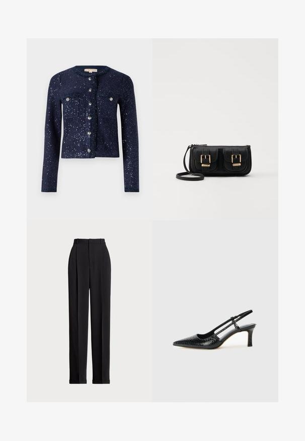 Marineblauer Cardigan mit funkelnden Pailletten, Rundhalsausschnitt und zwei Brusttaschen. Mit Knopfverschluss und metallischen Akzenten sowie strukturiertem Material.; Schwarzes Baumwoll-T-Shirt mit kurzen Ärmeln, Rundhalsausschnitt und kleinem weißen Logo unten links. Klassische, kastige Passform mit minimaler Detailgestaltung.; Schwarze, taillierte Hose mit hoher Taille, mit Falten vorne, geradem Bein-Design und umgeschlagenem Saum. Aus glattem Stoff gefertigt.; Schwarze Lack-Slingback-Pumps mit spitzem Zehenbereich, versehen mit strukturiertem Schlangenprint, verstellbarem Riemen und einem kurzen, strukturierten Blockabsatz.; Schwarze Leder-Umhängetasche mit zwei vorderen Taschen, goldenen Schnallen, Reißverschluss und einem schmalen Tragegurt. Texturierte Oberfläche und kompakte rechteckige Form.