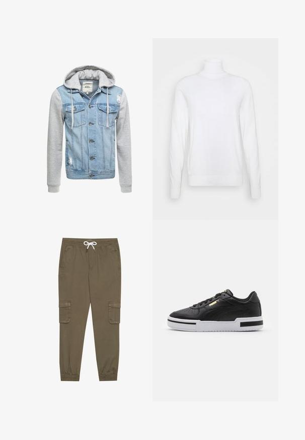 Giacca di jeans con corpo azzurro chiaro, maniche lunghe grigie e cappuccio. Presenta bottoni frontali e due tasche sul petto con dettagli logorati.; Maglione bianco a collo alto con maniche lunghe, realizzato in tessuto liscio. Presenta un design aderente e polsini e orlo a coste. Senza motivi o dettagli.; Pantaloni cargo khaki con elastico in vita e cordino, dotati di tasche laterali e caviglie cuffiate. Realizzati in un materiale leggero e testurizzato.; Sneaker in pelle nera con suola bianca, punta perforata, dettaglio logo in oro, collare imbottito e accenti neri a contrasto sui lati.