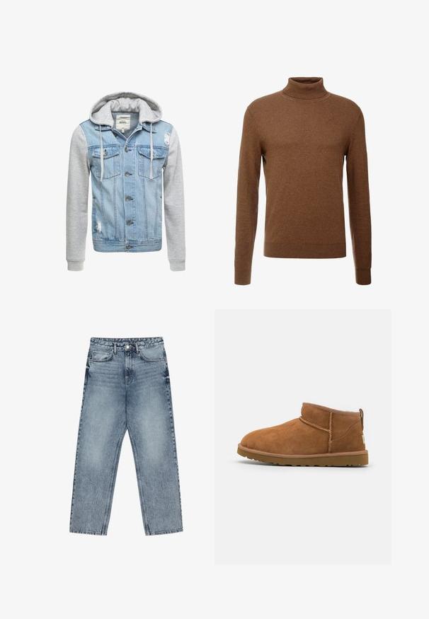 Jeansjacke mit einem hellblauen Körper, grauen langen Ärmeln und einer Kapuze. Verfügt über Frontknöpfe und zwei Brusttaschen mit abgenutztem Detail.; Brauner Rollkragenpullover aus weichem Stoff, mit langen Ärmeln, gerippten Bündchen und tailliertem Schnitt ohne sichtbare Muster.; Hellblaue Jeans aus Denim mit geradem Schnitt, sichtbaren Nähten, fünf Taschen-Design und einem Knopfverschluss an der Taille.; Hellbraune Wildleder-Stiefelette mit runder Zehenform, dezenten Nähdetails und einer strukturierten Gummisohle. Kurze Höhe ohne Schnürsenkel.