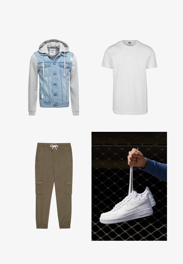 Giacca di jeans con corpo azzurro chiaro, maniche lunghe grigie e cappuccio. Presenta bottoni frontali e due tasche sul petto con dettagli logorati.; T-shirt bianco in cotone con scollo rotondo, maniche corte e vestibilità comoda. L'etichetta reca la scritta "URBAN CLASSICS". Texture liscia, senza motivi né dettagli.; Pantaloni cargo khaki con elastico in vita e cordino, dotati di tasche laterali e caviglie cuffiate. Realizzati in un materiale leggero e testurizzato.; Sneakers in pelle bianca con perforazioni, punta rotonda, suola piatta e lacci spessi, con logo swoosh visibile e "AIR" sul tallone.
