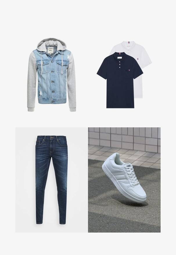 Jaqueta de ganga com um corpo azul claro, mangas longas cinzas e capuz. Apresenta botões à frente e dois bolsos no peito com detalhes desgastados.; Duas camisetas polo: uma azul-marinho e uma branca, ambas com um pequeno detalhe em vermelho, branco e azul no bolso do peito e na gola.; Jeans de ganga azul escura com um corte slim, desbotamento suave, cinco bolsos e fecho com botão de metal. Detalhes costurados em cor contrastante.; Sapatilha desportiva branca com parte superior em couro liso, frente com atacadores, bico perfurado e sola padronizada. Design minimalista com três riscas laterais.