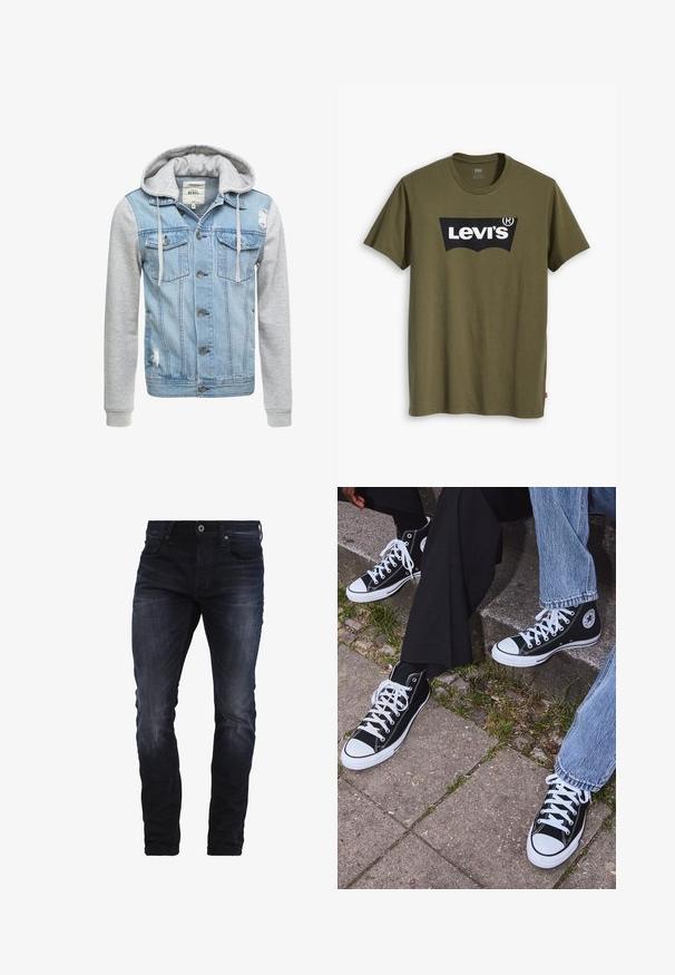 Denimjakke med en lys blå krop, grå lange ærmer og hætte. Har frontknapper og to brystlommer med slidte detaljer.; Olivengrøn bomuld T-shirt med stort sort Levi's-logo i en kontrasterende, halvcirkelformet bue hen over brystet. Almindelig pasform.; Mørkeblå slim-fit jeans med let slid på lårene og knæene, med forlommer, bæltestropper og knaplukning.; Sorte høje canvas sneakers med hvide gummisåler og snørebånd, prydet med et cirkulært logo på siden og parret med denim og sorte bukser.