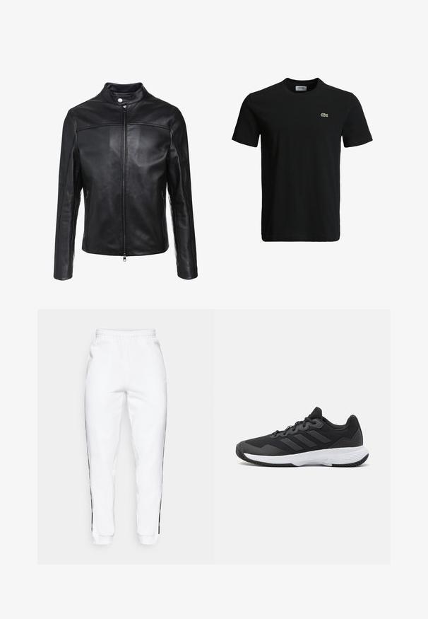 Giacca in pelle nera con colletto rialzato, zip frontale e due tasche laterali. Texture liscia con cuciture decentrate.; T-shirt in cotone nero con colletto rotondo, maniche corte e un piccolo logo di coccodrillo verde sul lato sinistro del petto. Texture liscia, design casual.; Pantaloni della tuta bianchi con cintura elastica, caratterizzati da strisce laterali nere e polsini. Realizzati in tessuto morbido con una texture liscia.; Scarpa da ginnastica nera con parte superiore texturizzata, tre strisce orizzontali e una suola bianca con battistrada a motivo. Design leggero e aerodinamico.