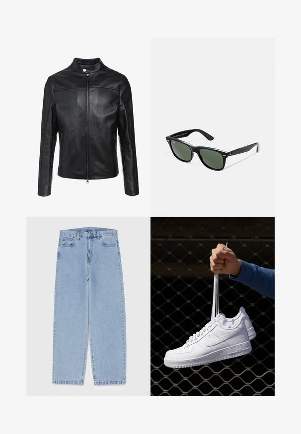 Schwarze Lederjacke mit Stehkragen, Frontreißverschluss und zwei seitlichen Taschen. Glatte Textur mit versetzten Nähten.; Weißes Baumwoll-Trägershirt mit Rundhalsausschnitt, breiten Trägern und geradem Saum, das eine glatte Textur aufweist und keine sichtbaren Muster hat.; Hellblaue Jeans aus Denim mit geradem Bein, ausgestattet mit einer mittelhohen Taille, fünf Taschen sowie einem Knopf- und Reißverschluss.; Weiße Leder-Sneaker mit Perforationen, runder Zehenpartie, flacher Sohle und dicken Schnürsenkeln, mit sichtbar eingesticktem Swoosh-Logo und "AIR" an der Ferse.; Schwarze Plastiksonnenbrille mit grünen Gläsern, quadratischen Rahmen, silbernem Akzent auf der Augenbraue und strukturierten Bügeln. Angegebene Marke auf dem inneren Bügel.