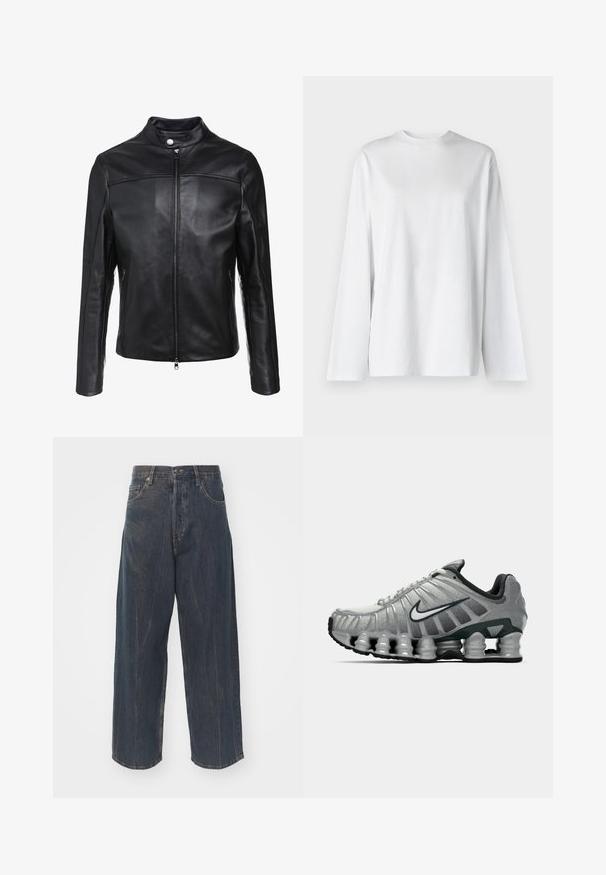 Must must jacket, millelise kaelaosaga, esiosa lukuga ja kahe küljetaskuga. Sile tekstuur, millel on külgmised õmbluse aktsendid.; Weekday OVERSIZED LONG SLEEVE - Pikkade varrukatega topp - white; Laia tume sinine teksapüksid, millel on peenelt kulutatud tekstuur, viis taskut ning klassikaline nööp ja luku sulgemine vööl.; Hallikas ja must Nike jooksutoss, mille all on näha kevadelik ammortiseerimine ja külje peal on valge sarnase logo.